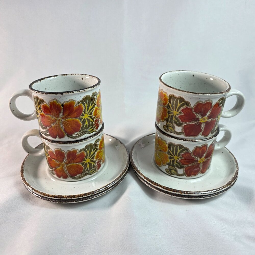 FOUR Midwinter Stonehenge Nasturtium Cup & Saucer Sets Orange & Red Flowers